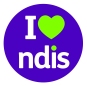 I love NDIS logo - white lettering and green heart on purple circle background